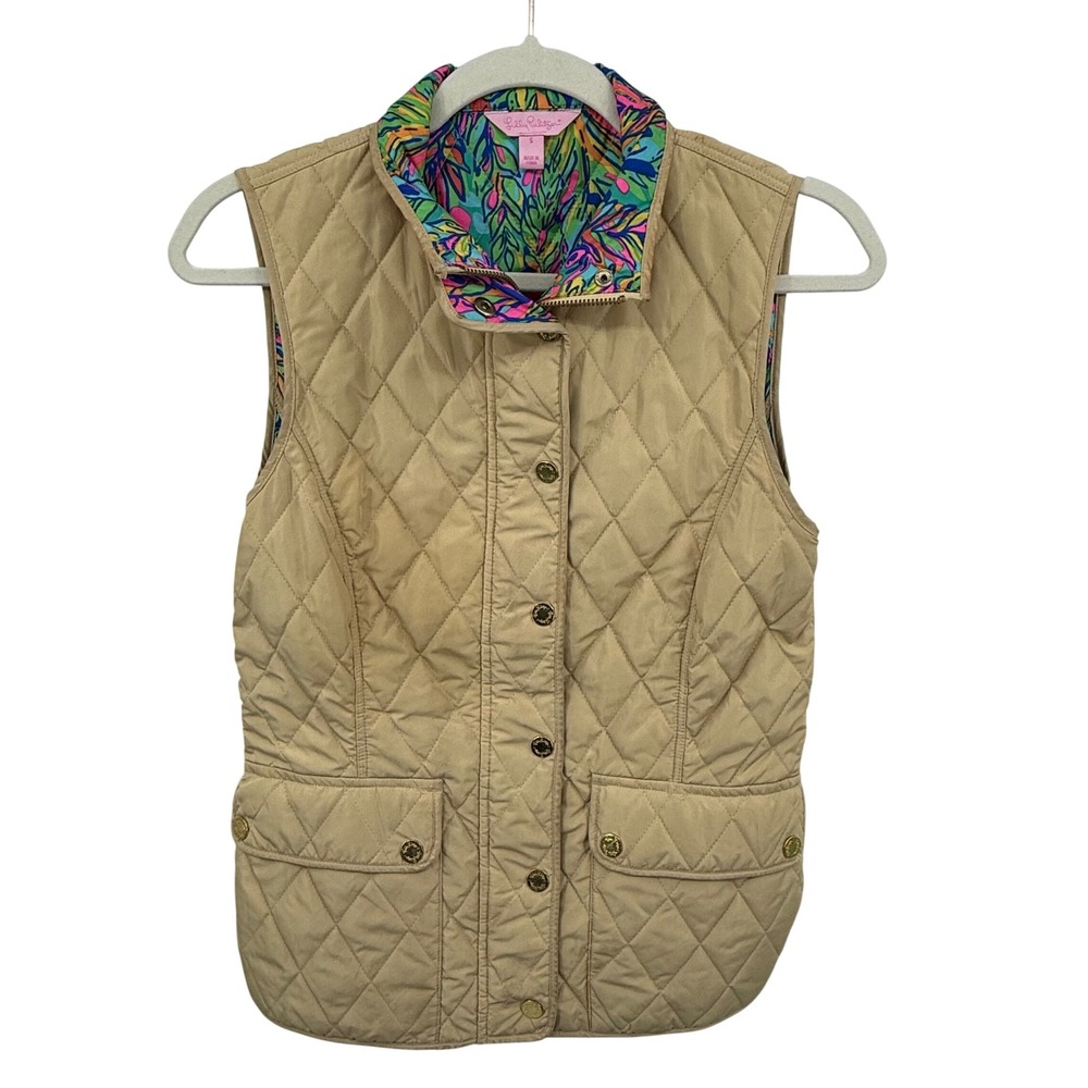 Lilly Pulitzer Getaway Puffer Vest Womens Small Tan/ Gold Quilted Floral Gold